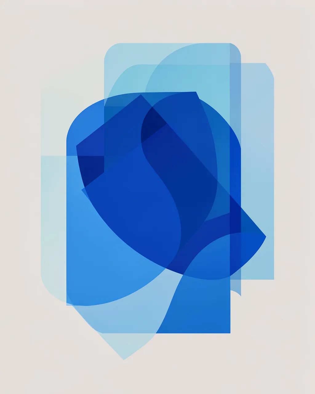 Transparent overlapping blue geometric bauhaus shapes arranged on a pale gray background