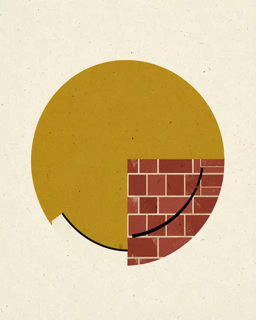 Bauhaus-style abstract composition with mustard, brick red and black shapes on grainy cream paper