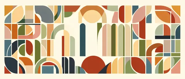 Ultrawide Bauhaus-style arrangement of circles, arches, and bars in muted tones on a cream background