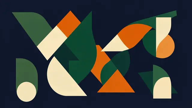 Offset overlapping bauhaus-style geometric shapes in deep green, orange and cream arranged on a dark navy background