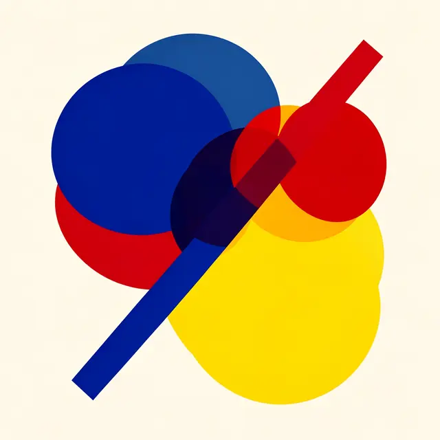 Overlapping semi-transparent cobalt, red and yellow circles with a diagonal bar sit on an off-white background