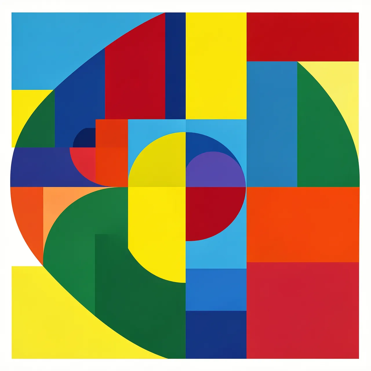 Vibrant Bauhaus-style abstract arrangement of overlapping circles and rectangles in bold primary colors