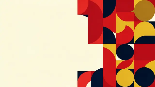 Clustered bauhaus-style red, navy and mustard geometric shapes sit on the right against empty cream negative space on the