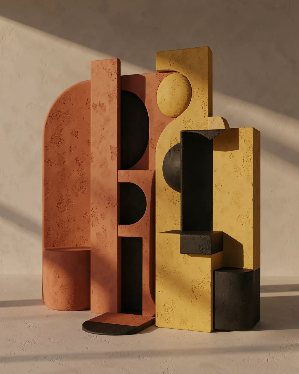 Matte plaster bauhaus geometric forms sit in warm afternoon light with long soft shadows