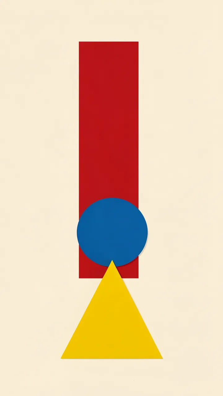 A vertical stack of red rectangle, blue circle, and yellow triangle arranged on a cream background