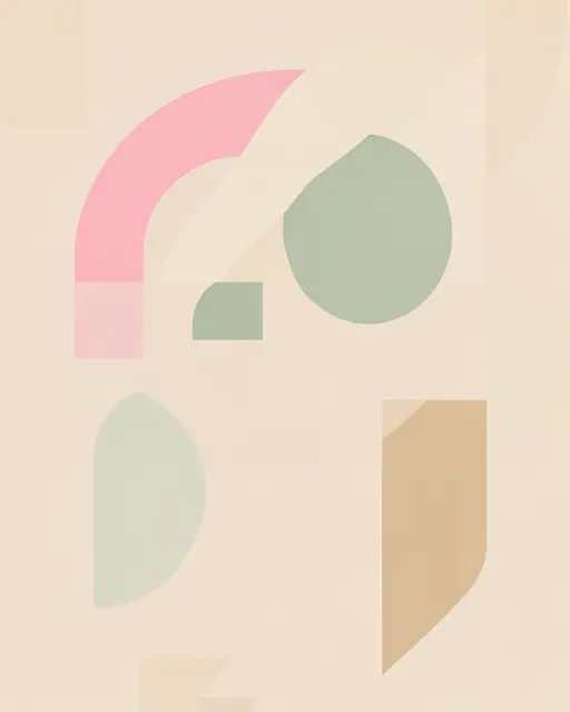 Soft pastel bauhaus-inspired geometric shapes arranged on a light beige background