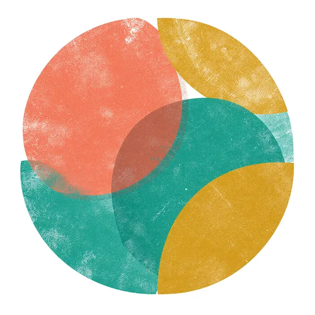 Overlapping textured coral, teal and mustard geometric shapes on a plain white background