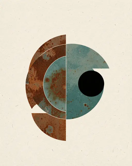 Geometric bauhaus composition of nested rust and teal half-circles and a solid black dot on textured ivory paper