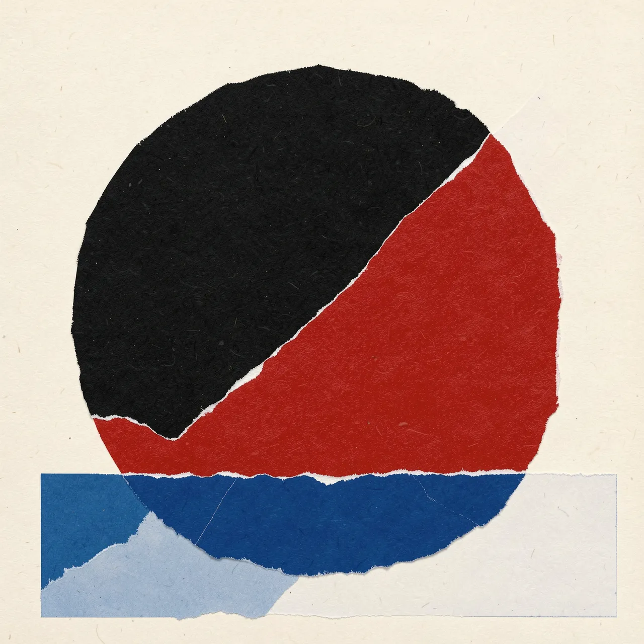 Bauhaus style torn paper collage with black, red and blue geometric shapes on a cream textured background