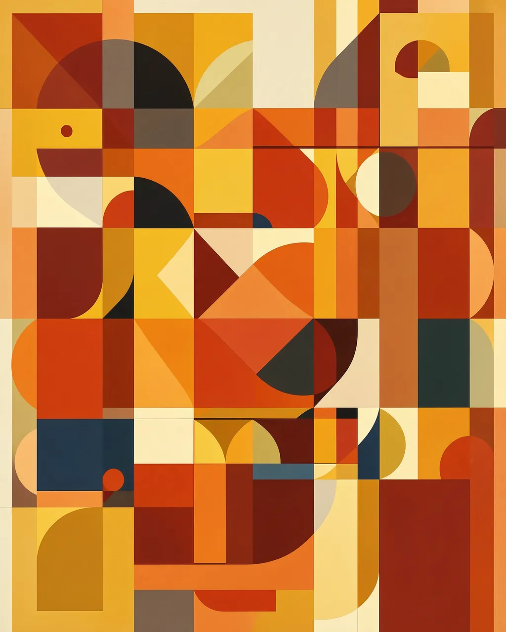 Abstract grid-based geometric Bauhaus artwork in warm orange, yellow and red tones