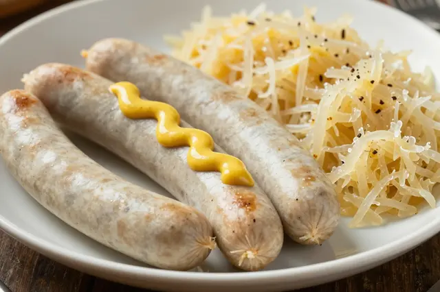 Plate of grilled Bavarian sausages topped with mustard served alongside seasoned sauerkraut