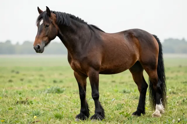A sturdy bay draft horse stands still in an open grassy green field under overcast skies