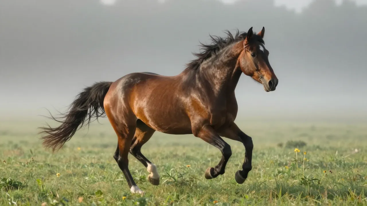 A glossy brown bay horse gallops across a foggy grassy meadow at early dawn.