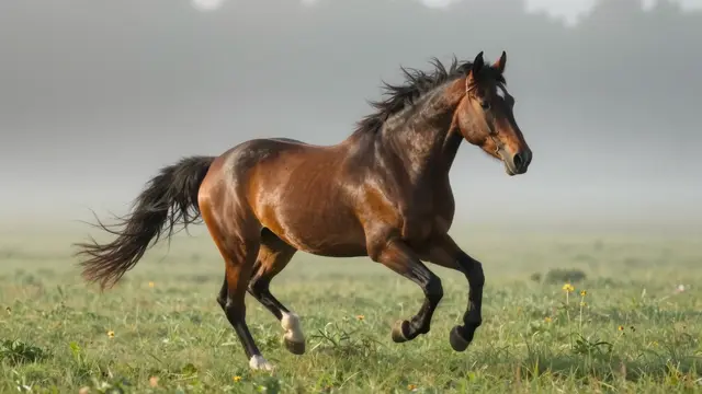 A glossy brown bay horse gallops across a foggy grassy meadow at early dawn.