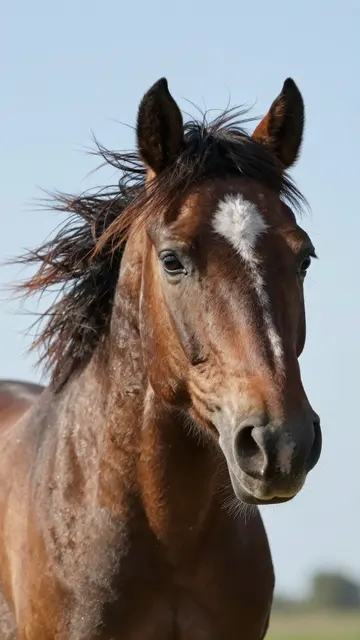 Close up portrait of a bay horse with a blowing mane standing against a pale blue sky