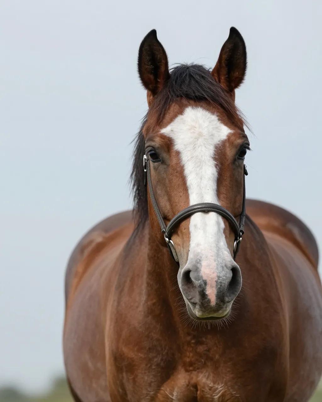 Close-up frontal portrait of a bay horse with a wide white facial blaze facing the camera directly.