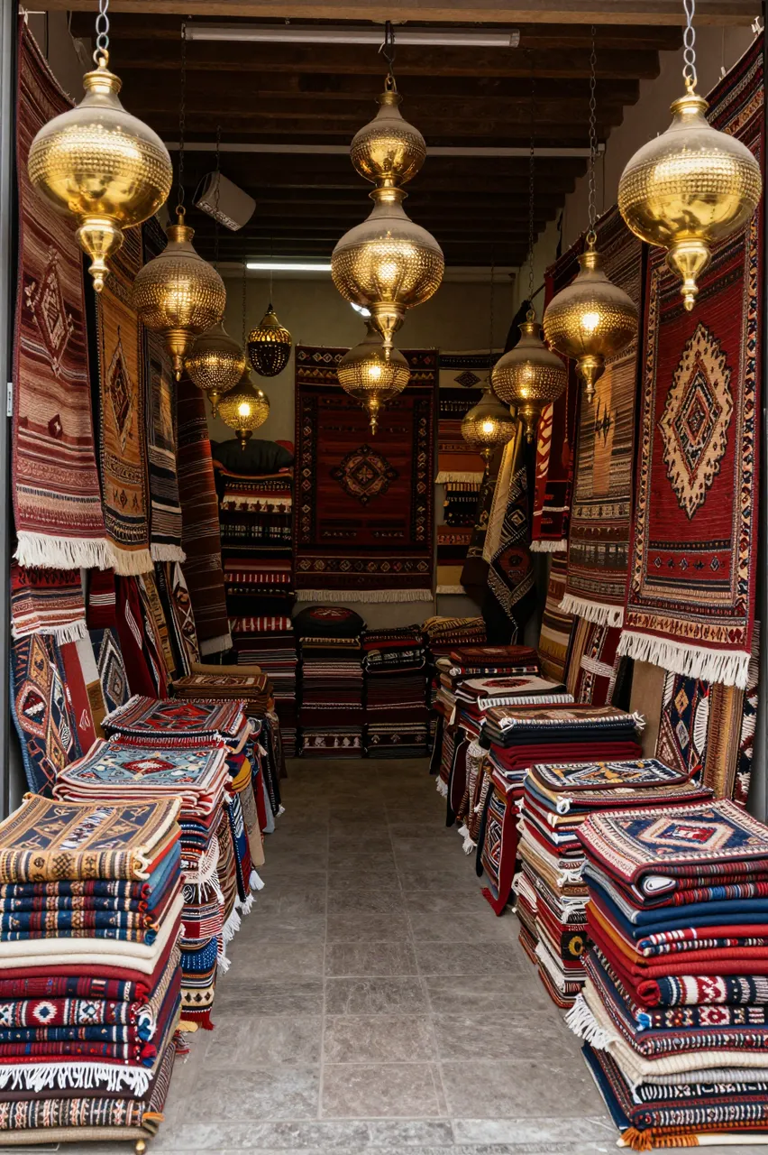 A narrow bazaar aisle lined with stacked woven rugs and glowing hanging brass lamps