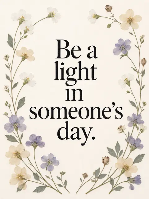 "Be a light in someone's day." text framed by delicate pressed flowers on a cream background