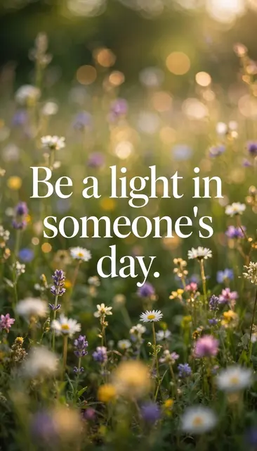 Soft sunlit out-of-focus wildflower meadow with white serif text reading "Be a light in someone's day."