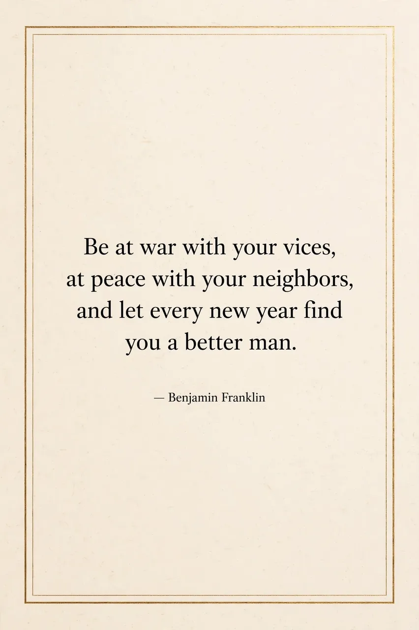 Minimalist cream card with thin gold border displaying the quote "Be at war with your vices, at peace with your neighbors