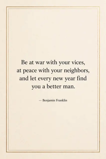 Minimalist cream card with thin gold border displaying the quote "Be at war with your vices, at peace with your neighbors
