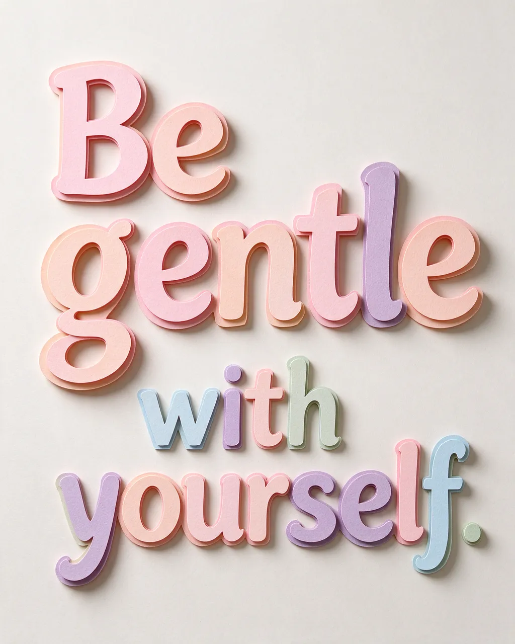 Layered pastel paper cut-out letters spelling "Be gentle with yourself." cast soft shadows on a pale neutral background.