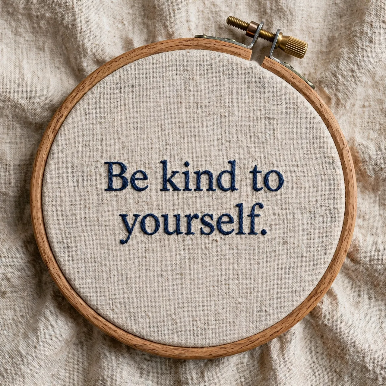 Navy embroidered text "Be kind to yourself." stitched on linen in a wooden embroidery hoop