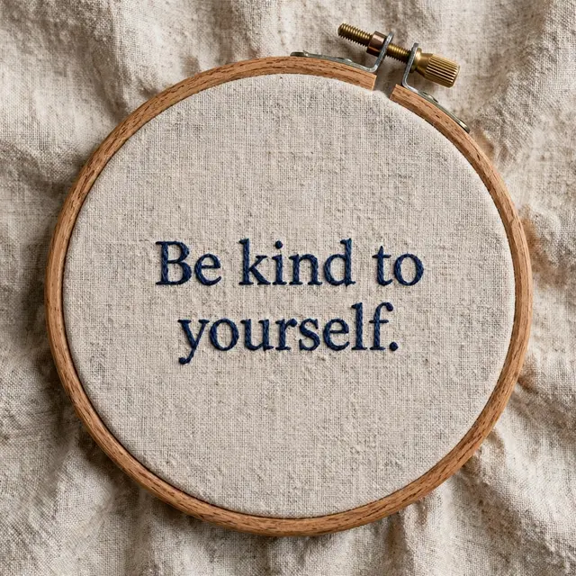 Navy embroidered text "Be kind to yourself." stitched on linen in a wooden embroidery hoop