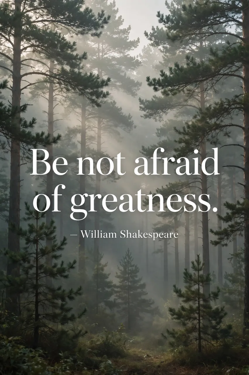 White serif quote text reading "Be not afraid of greatness. — William Shakespeare" over a misty pine forest at soft morning