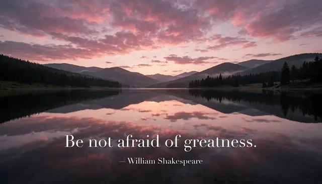 Calm lake reflecting a pink dusk sky over forested mountains with the quote "Be not afraid of greatness. — William