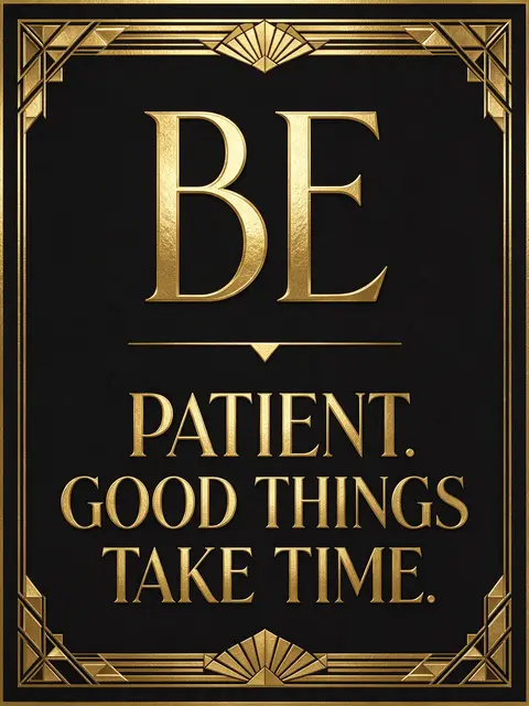 Art deco gold geometric frame on black background with elegant gold lettering reading "Be patient. Good things take time."