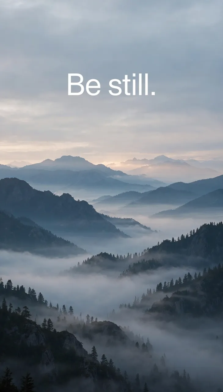 Misty layered mountain range at dawn with clean white text reading "Be still." in the calm upper sky