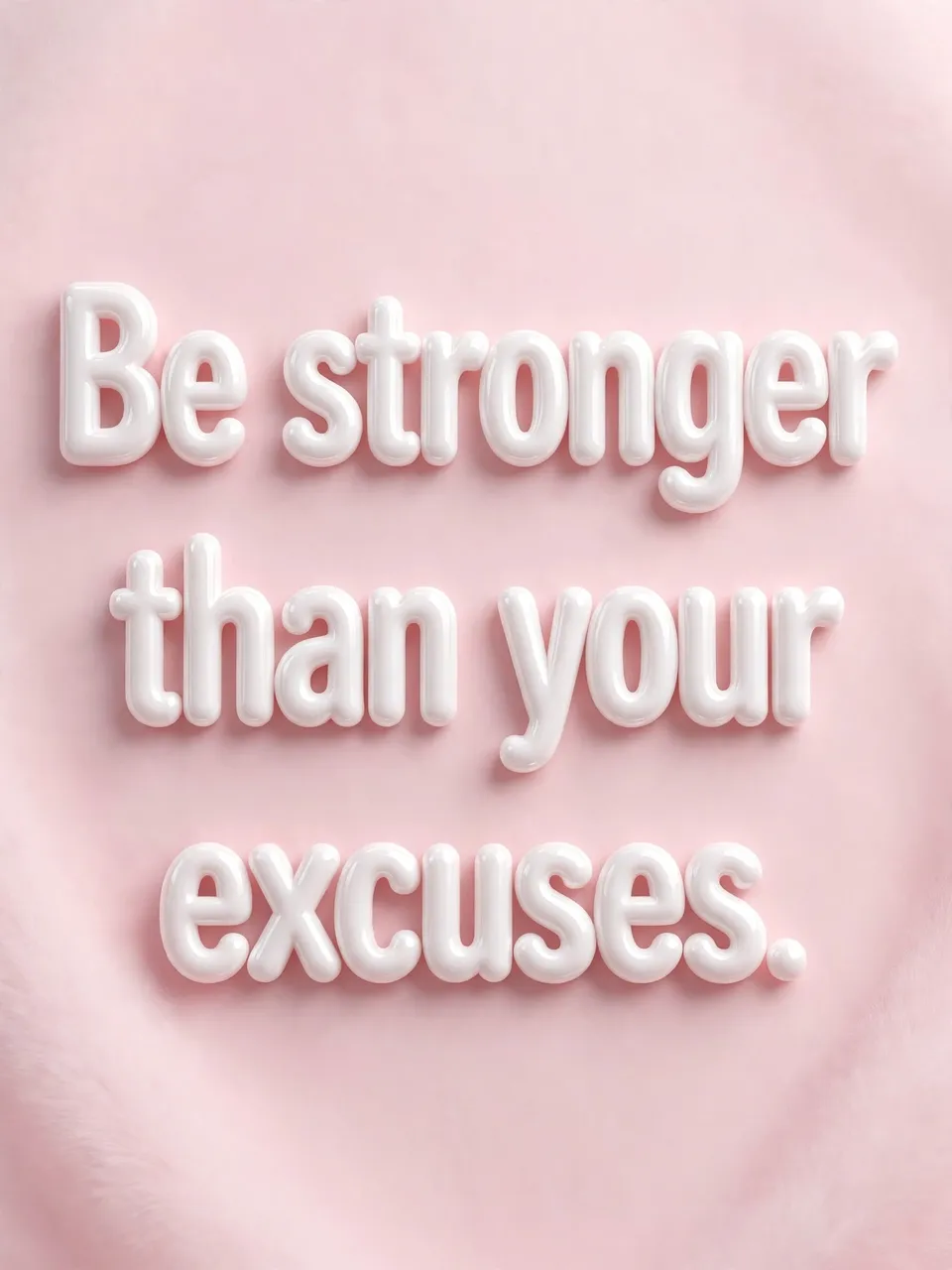 Glossy white 3D bubble lettering spelling "Be stronger than your excuses." on a soft pastel pink background