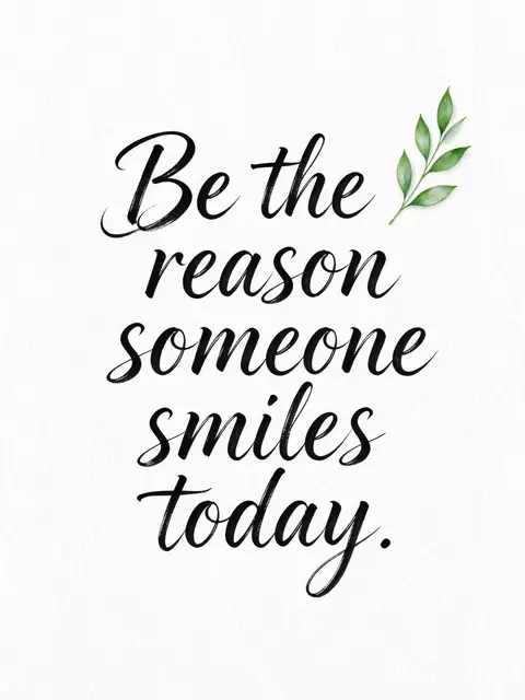 Black brush lettering reading "Be the reason someone smiles today." with a small green leaf sprig on white textured