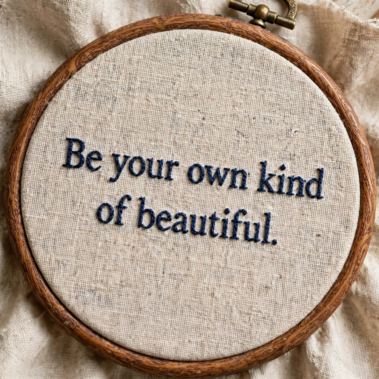 Navy embroidered text reading "Be your own kind of beautiful." stitched in a wooden embroidery hoop on natural linen.
