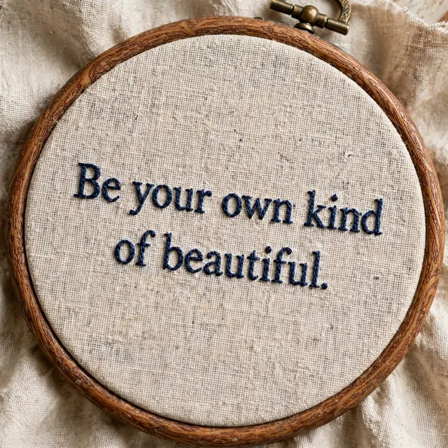 Navy embroidered text reading "Be your own kind of beautiful." stitched in a wooden embroidery hoop on natural linen.