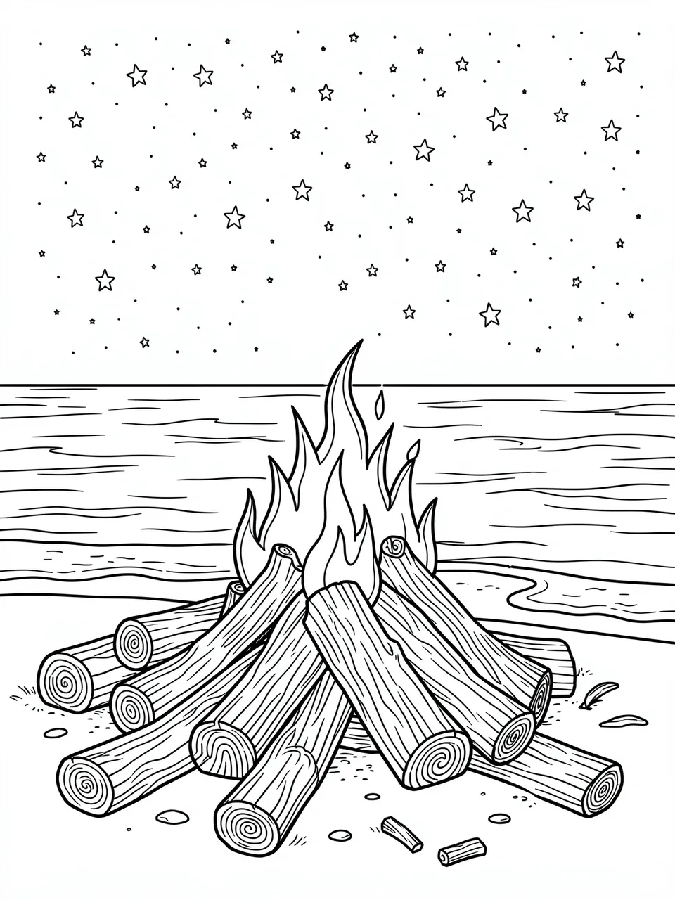 Black and white line art of a driftwood beach bonfire under a starry night sky beside calm water