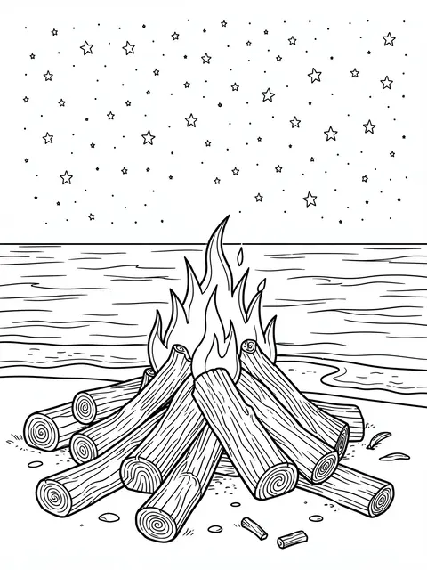 Black and white line art of a driftwood beach bonfire under a starry night sky beside calm water