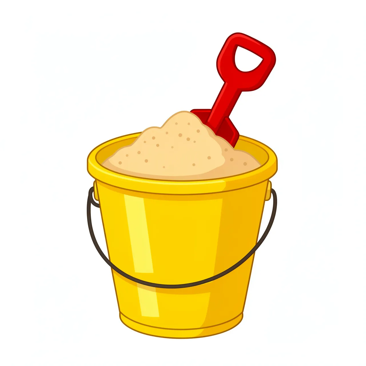 Flat clipart illustration of a yellow beach bucket full of sand with a red spade stuck inside, isolated on a plain white