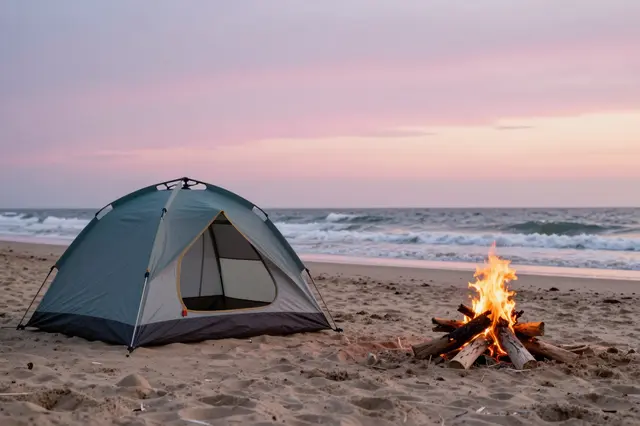 A dome tent next to a small driftwood campfire on a sandy beach under a pink sunset sky with ocean waves rolling in.