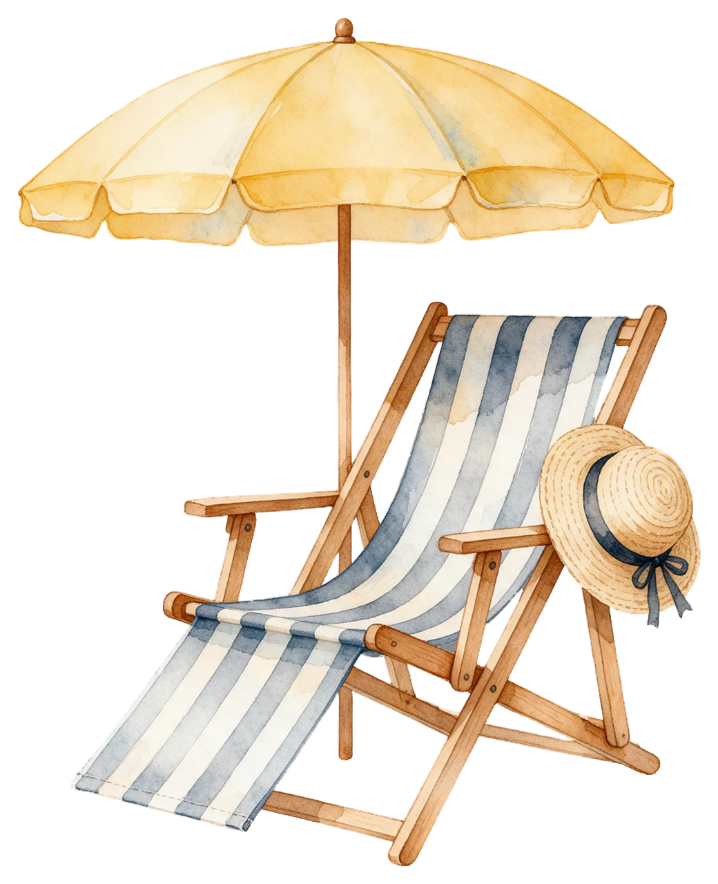Watercolour illustration of a striped beach lounge chair under a yellow umbrella with a straw hat resting on its arm