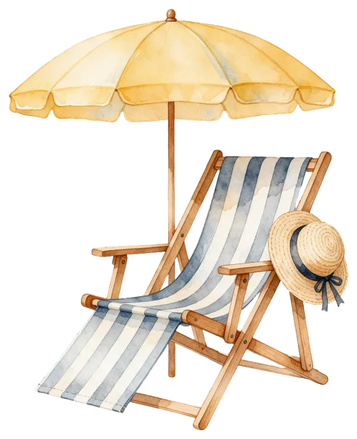 Watercolour illustration of a striped beach lounge chair under a yellow umbrella with a straw hat resting on its arm