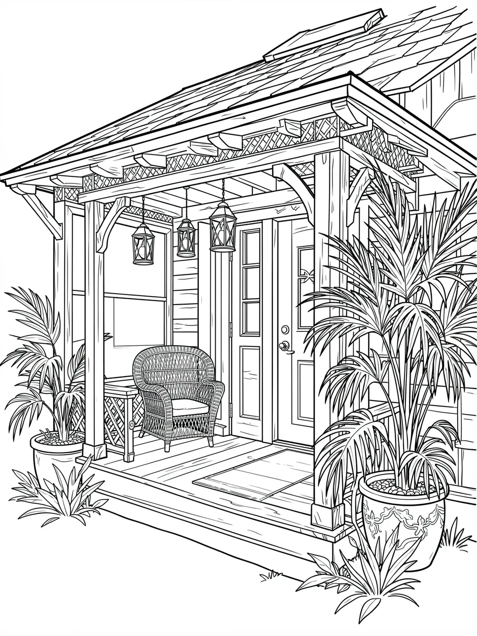 Intricate black and white line art of a beach cottage front porch with wicker chair, lanterns, and potted palms on a white