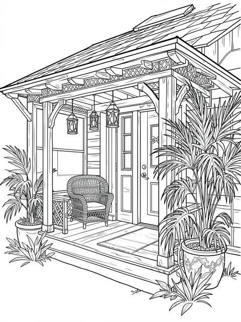 Intricate black and white line art of a beach cottage front porch with wicker chair, lanterns, and potted palms on a white