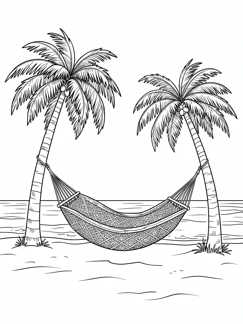 Black and white line art of a patterned hammock strung between two palm trees on a sandy beach