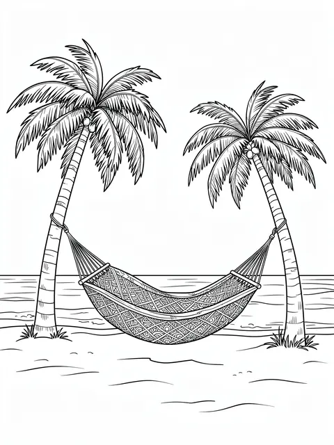 Black and white line art of a patterned hammock strung between two palm trees on a sandy beach