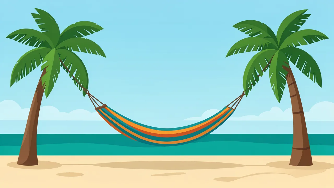 Striped hammock strung between two palm trees on a sunny sandy beach beside calm ocean