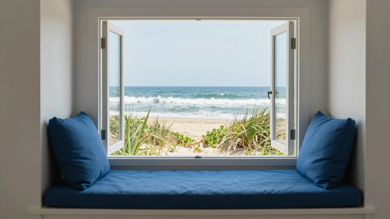 Blue cushioned window seat looks out through an open window to a sunny beach and ocean waves.
