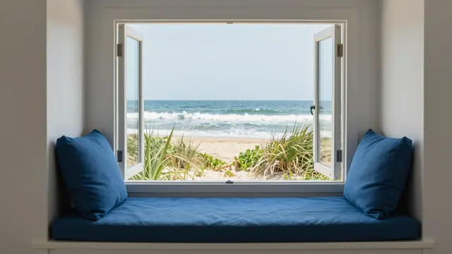 Blue cushioned window seat looks out through an open window to a sunny beach and ocean waves.