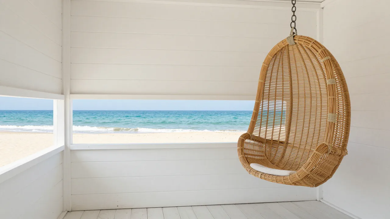 Whitewashed beach hut interior with a hanging rattan chair and sea view through side windows